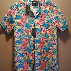 Psycho Bunny Vibrant Floral Men's Shirt W Pyschedlic Bunny Graphics